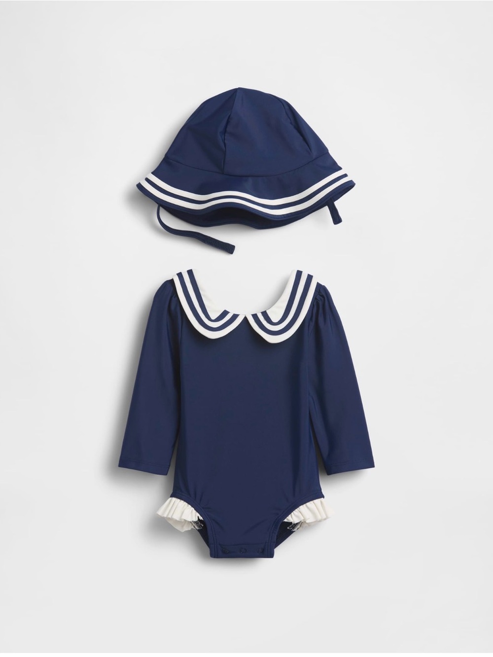 GAP Baby Sailor  Navy Blue One-Piece Swimsuit with White Trim and Matching Hat